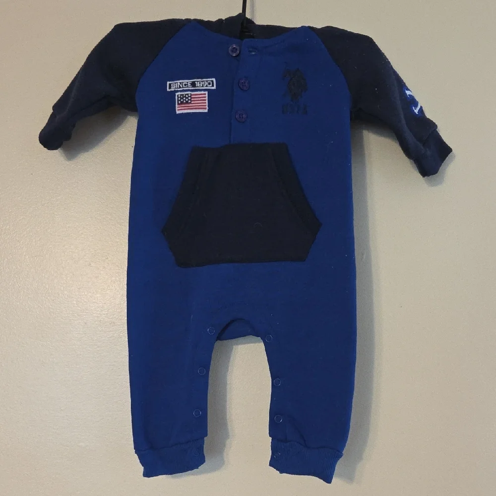 U.S. Polo Assn. Blue Kids One Piece Cotton Blend Warm Fleece Romper Snow Sz 6/9M
